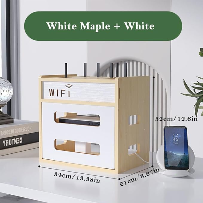 Wooden Router Shelf, Desktop WiFi Router Storage Box Modem Rack, Power Router Fences Standing Shelf Units, Cable Management Hider Box Organizer for Office and Home (White Maple)