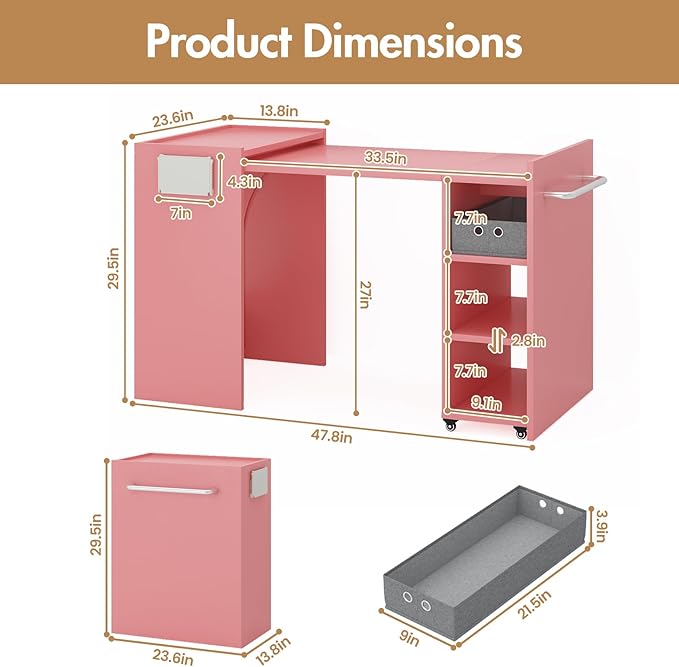 smilesun Folding Dining Table, Wall Mount Foldable Kitchen Table w/Fabric Drawer & Adjustable Storage Shelf, Space Saving Compact Expandable Pull Out Table for Small Spaces, Pink