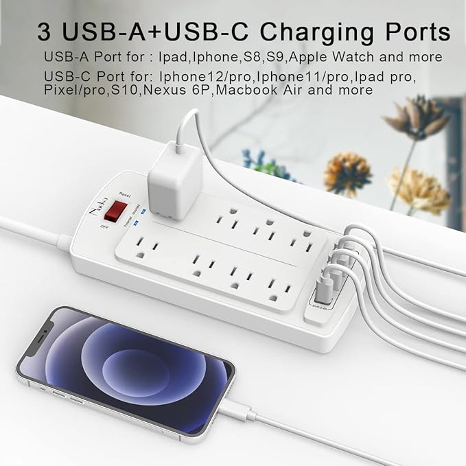 Surge Protector Power Strip - Nuetsa Flat Plug Extension Cord with 8 Outlets and 4 USB Ports, 20 Feet Power Cord, 2700 Joules, ETL Listed, White