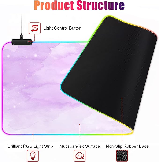 RGB Large Gaming Mouse Pad, Extended Mouse Pad with 12 Lighting Effects, Water Proof Mutispandex Surface, Non-Slip Rubber Base, 80x30 cm / 31.5×11.8 in (Purple Nebula)