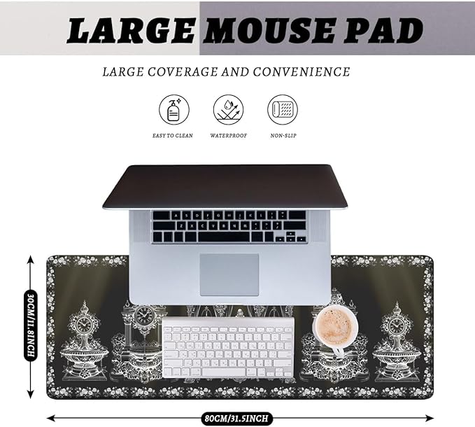 Gothic Desk Pad Mouse Pad Vintage Black White Victorian Rose Cathedral XL Mouse Pad Large Mousepad Extended Laptop Keyboard Mat Gaming Desk Pad Mouse Mat 31.5"x11.8"
