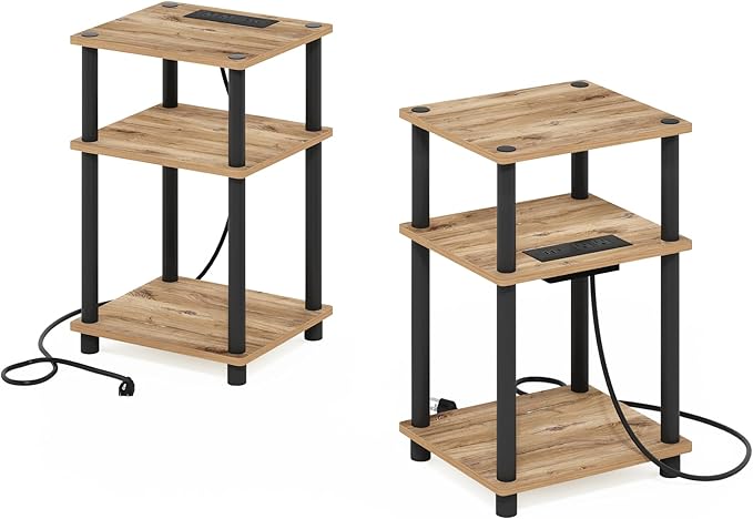 Furinno JUST Side Table Set of 2, 3-Tier Modern End Table with Charging Station, Open Shelf Night Stand, Bedside Table with USB and Type-C Port, for Living Room, Bedroom, Flagstaff Oak