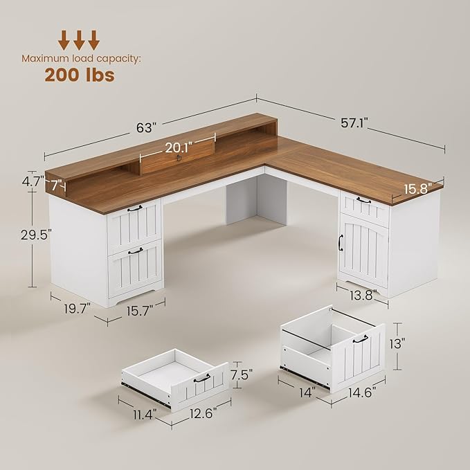 SEDETA Farmhouse L Shaped Desk with Drawers, 63" Office Desk with File Drawers, Wood Corner Computer Desk with Storage, Home Office Desk with Monitor Stand and Storage Cabinet, Walnut and White
