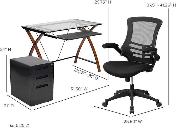 Flash Furniture Work From Home Kit - Glass Desk with Keyboard Tray, Ergonomic Mesh Office Chair and Filing Cabinet with Lock & Inset Handles