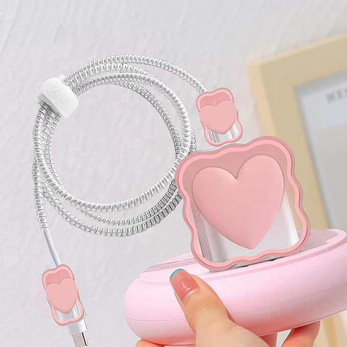 CameCosy Phone Charger Storage Case Set with Pink Hearts Carrying Case Bag with Cute 3D Love Cable Protector Set, Travel Cable Organizer,Soft Phone Earphone Charger Cover Compatible for iPhone