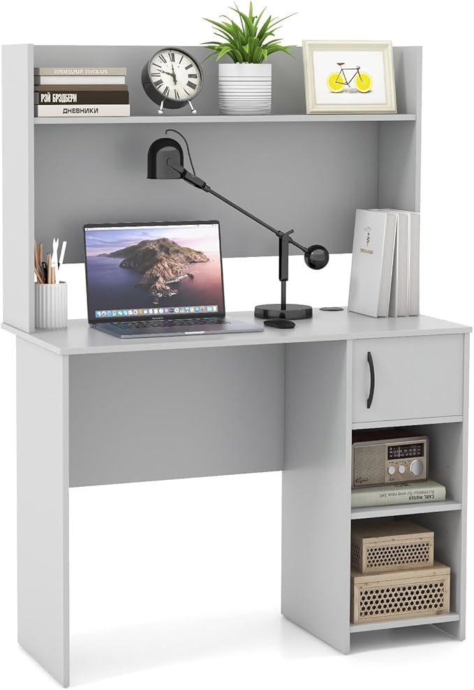 Giantex Computer Desk with Hutch, Home Office Desk with Storage Cabinet & Adjustable Shelf, 2 Cable Holes, Modern Laptop PC Desk Computer Workstation for Working, Study Writing Desk for Bedroom, Gray