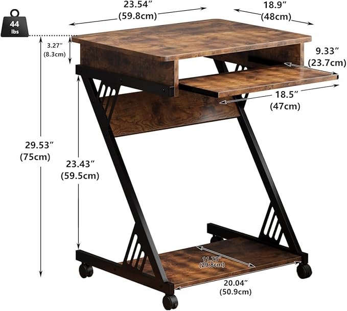 ALISENED 2 Tier Computer Desk with Keyboard Tray, 23.6" Home Office Desk Computer Workstation Rolling Study PC Laptop Table for Small Spaces,Z-Shaped Small Compact Study Table