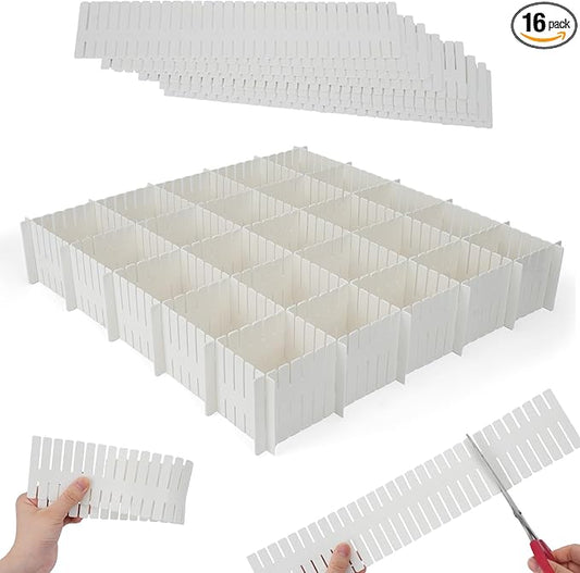 16Pcs Adjustable Drawer Divider, 14.6 Inch DIY Grid Drawer Organizer Dividers Plastic Kitchen Drawer Dividers,White Drawer Organizers for Sorting Underwear, Socks, Makeup, Cutlery