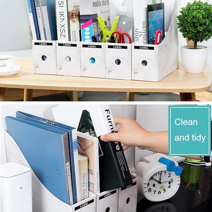 Foldable Desk File Holder Organizer Sturdy Cardboard Magazine Storage Box Document Rack with Blank Label Stickers for Home School Office (15, Marble)