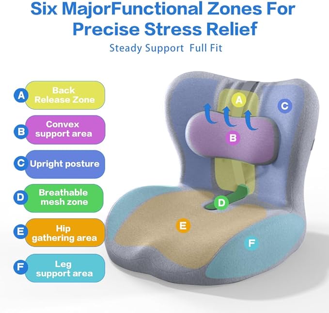 Adjustable Seat Cushion & Lumbar Support Pillow Set for Office Chair, Ergonomic Pillow for Sciatica Pain Relief, Memory Foam Back Support Pillow & Chair Cushion for Car seat, Desk Chair (grey)