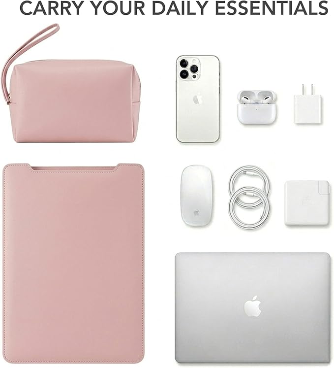4-in-1 Laptop Sleeve with Stand and Mouse Pad, Faux Leather Protective Case with Accessory Pouch for 13.3-14 Inch Laptops, Pink