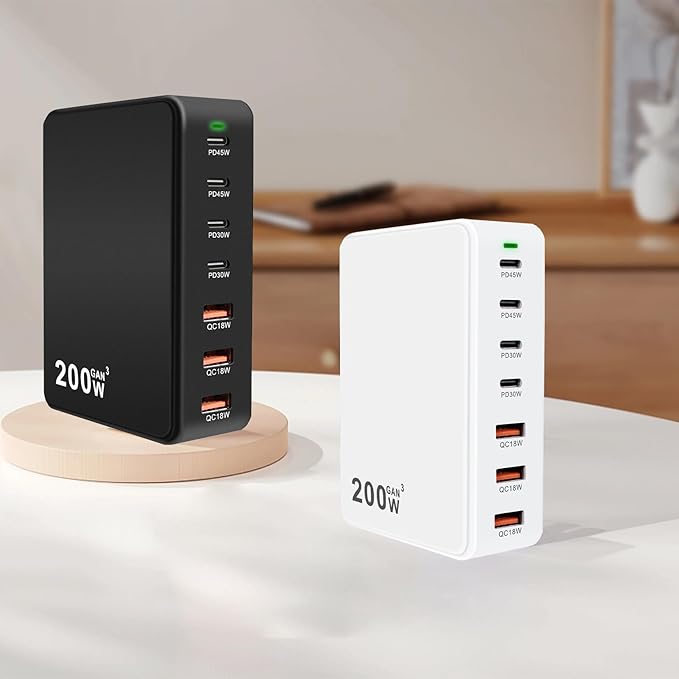 USB C Charger Station 200W 7 Port GaN Fast Charging Block, Multiport PD QC3.0 Brick Hub Compatible with Laptop MacBook Pro/Air, iPad, iPhone 17/16/15, Galaxy S23/22, DELL, Steam Deck(White)