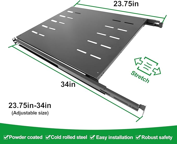 1U Sliding Shelf Tray 19in Mount Keyboard Shelf Tray, Adjustable Depth 23.75 to 34in Sliding Tray for Server Rack/Cabinet Steel Pull Out Drawer for Racks 240LBS Weight Capacity(SLD-1U23.75-34)