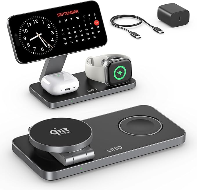 UEQ 3-in-1 Charging Station for Apple Devices,QI2.2 25W Ultra-Fast Magnetic Wireless Charger Stand,Compatible with MagSafe,Foldable Travel Charger for iPhone Air/17/16/15/14/13/12,Apple Watch,AirPods