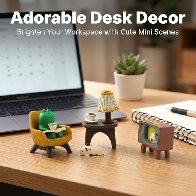 Miniature Tabletop Figurine Set, Cute Mini Frog and Cat Figurine with Small Sofa TV Table Lamp for Home Office Bedroom Shelf Desk Decorative, Frog Cat Lovers Birthday Gift(Color:Multicolor)