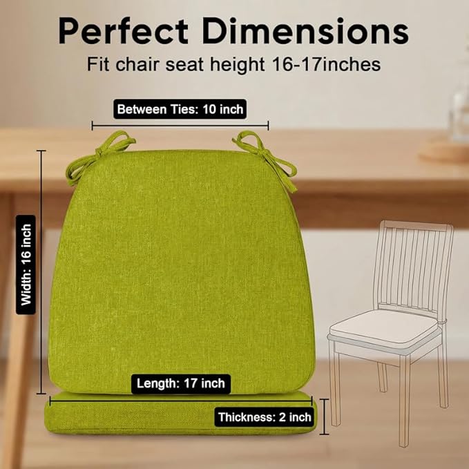 Chair Cushions Set of 6, D-Shaped Seat Cushion for Chair, Non Slip Chair Pads with Ties, 17" x 16" x 2", 40D Foam, Removable Washable Cover, Seat Cushions for Kitchen Chairs, Fluorescent Green