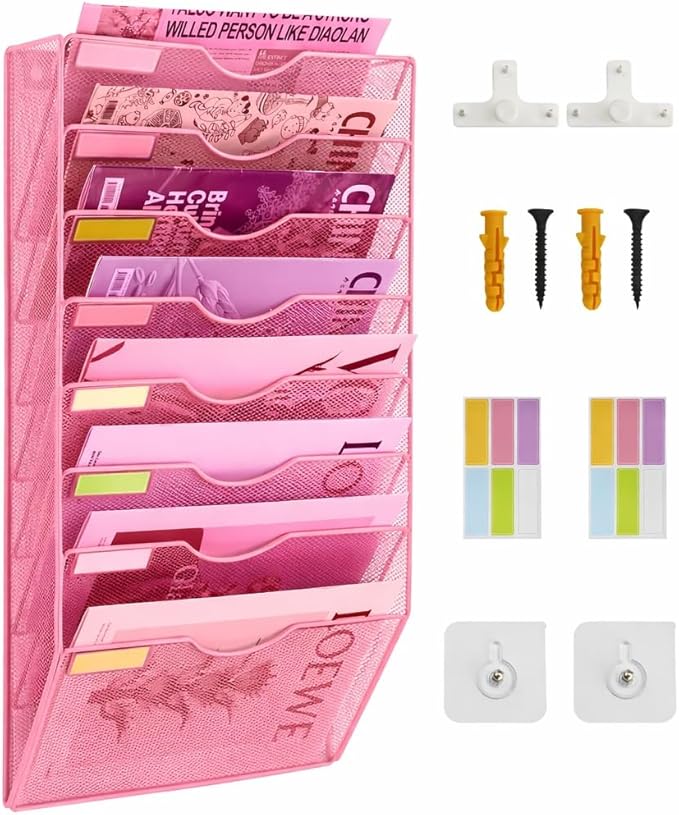 8 Pockets Mesh Wall File Holder Organizer Office Hanging File Folder Magazine Rack, Nametag Label Hooks Set Included (Pink)