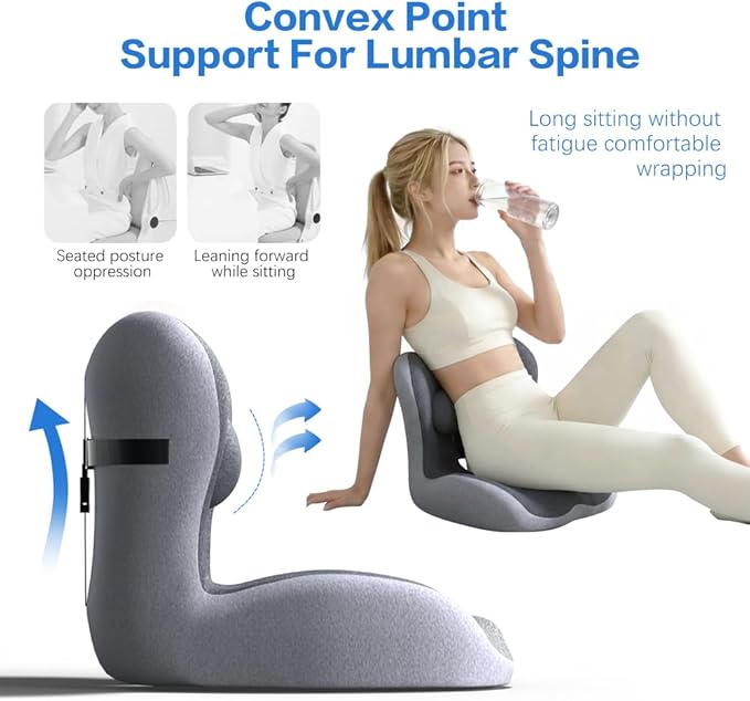 Adjustable Seat Cushion & Lumbar Support Pillow Set for Office Chair, Ergonomic Pillow for Sciatica Pain Relief, Memory Foam Back Support Pillow & Chair Cushion for Car seat, Desk Chair (black,grey)