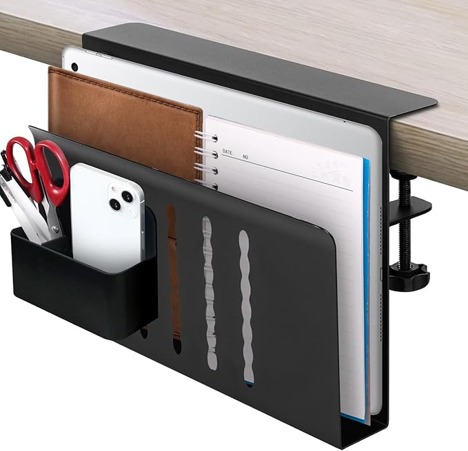 Desk Side Storage Organizer, Under Desk Laptop Holder with Magnetic Pen Holder, No Drill Hanging Desk Caddy for Office & Home, Clamp On Desk Shelf for Tablet, Files, Accessories (Black)