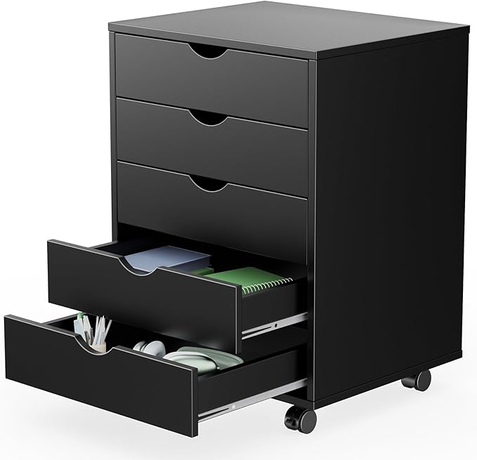 Sweetcrispy 5 Drawer Chest Mobile Storage Cabinets Small Wooden Dresser with Wheels Room Organization Furniture for Office Home, Rolling Vertical Organizer for Home Office, Black Wood