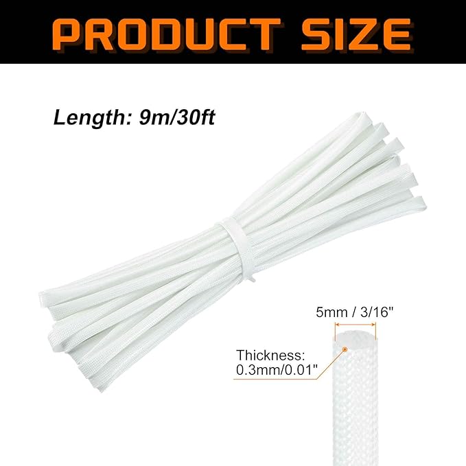MECCANIXITY 30ft Braided Cable Sleeve, 3/16" ID 200C Heat Resistant 1500V Fiberglass Wire Insulation Cord Protector Organizer Wires Management for Motor Engine Fuel Line, White
