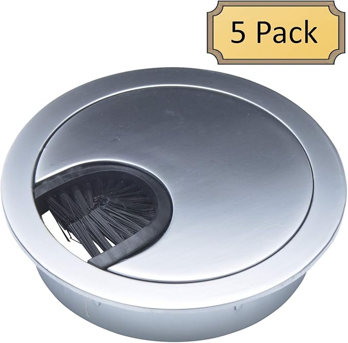 Matte Chrome Metal Cable Grommet | 2 Piece "Lock in" Feature with "Brush" Opening for Management of Office & Computer Desk Wires | 60mm (2 3/8") Hole Opening | 5 Pack