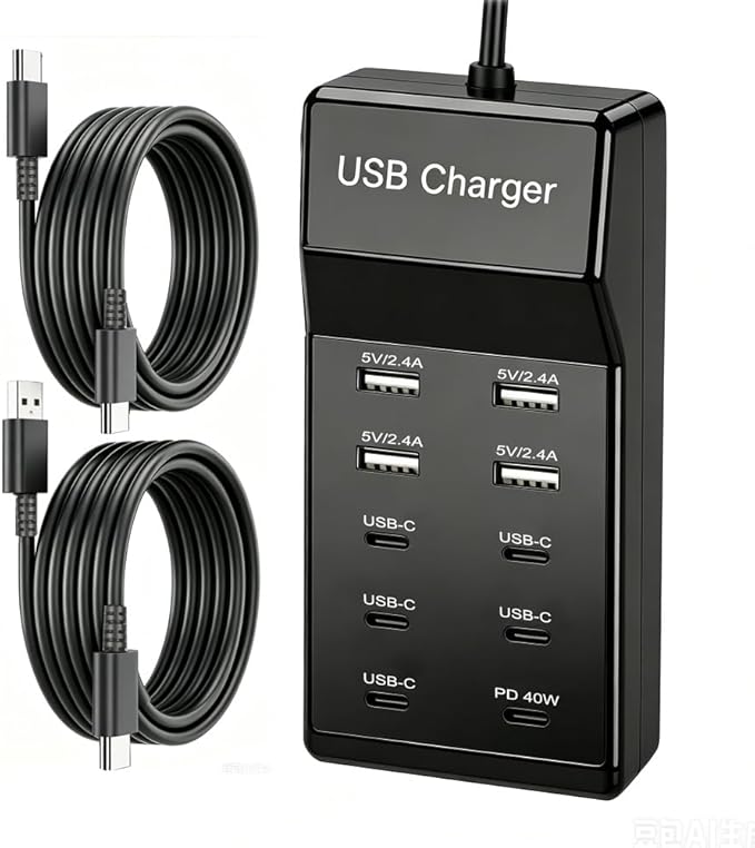 10-Port USB Wall Charger Station with Cables,50W 10A USB C Power Hub for Multiple Device,Phone Charger Block for Samsung Galaxy S25 S24+ S23+ Ultra,Google Pixel,iPhone,EarbudsSmartwatch(Black)