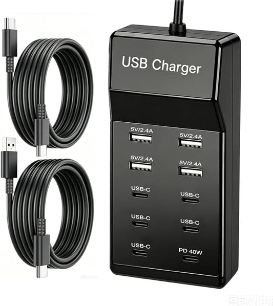 10-Port USB Wall Charger Station with Cables,50W 10A USB C Power Hub for Multiple Device,Phone Charger Block for Samsung Galaxy S25 S24+ S23+ Ultra,Google Pixel,iPhone,EarbudsSmartwatch(Black)