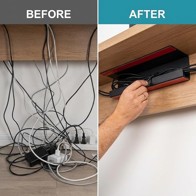 Ickmomo Self-Adhesive Cable and Desk Cover Management Trays (4 Pack, Black) - No Drill Desk Cable Organizer for Electronics Wires, Tidy Office/Desks/Living Room Cables