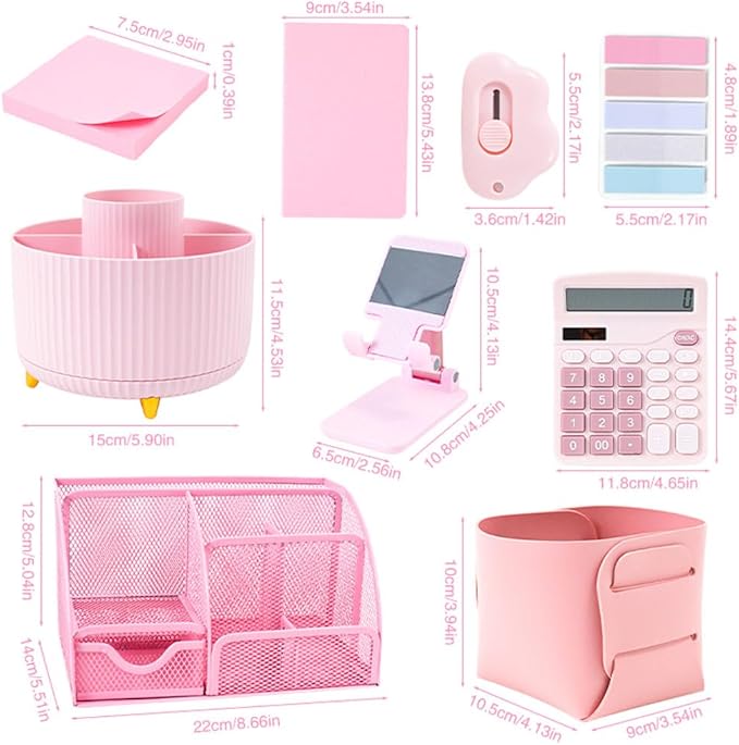 Gawsey Pink Desk Organizers and Accessories with Desk Organizer 360° Rotating Pen Holder and Office Supplies, Cute Stationery Supplies Set