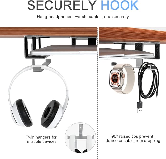 IFCASE Under Desk Laptop Mount & Headphone Holder with Adhesive & Screw, Hard Aluminum Under Table Desk Holder for Laptop, Mac mini, MacBook Pro (Silver)