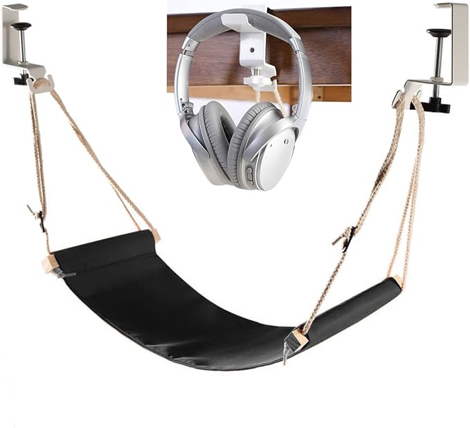 Auoinge Foot Hammock Under Desk FootRest | Adjustable Office Foot Rest Under Desk | Portable Desk Foot Hammock with Headphone Holder