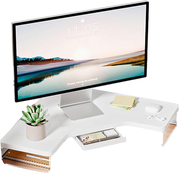 ROYUMI Corner Monitor Stand Clear Acrylic Leg ＆ Wood Corner Screen Stand, L-Shape Desk Triangle Riser for Monitor/Laptop/Computer, Corner Organizer with Drawer (Color : White)