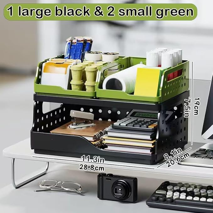 Stackable Desk Organizer, Desktop File Organizers, Tool-Free Assembly Organizer, Stationery, Office Organization(1 Large Black & 2 Small Green).