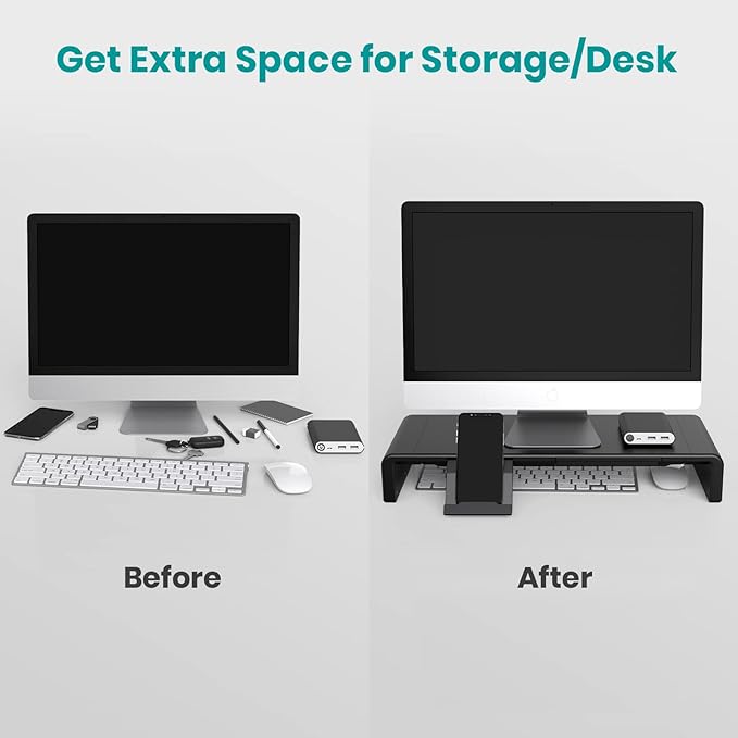 Klearlook Computer Monitor Stand for Desk, Adjustable Foldable Monitor Riser with Storage Drawer & Tablet Phone Holder for Office, Home, Laptop, Desktop (Black 2 Pack)
