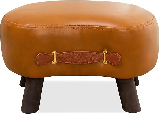 LUE BONA Small Curved Foot Stool with Handle, Whisky Brown Velvet Footstool and Ottomans, Modern Foot Rest with Wooden Legs, Step Stool with Padded Seat for Couch, Living Room