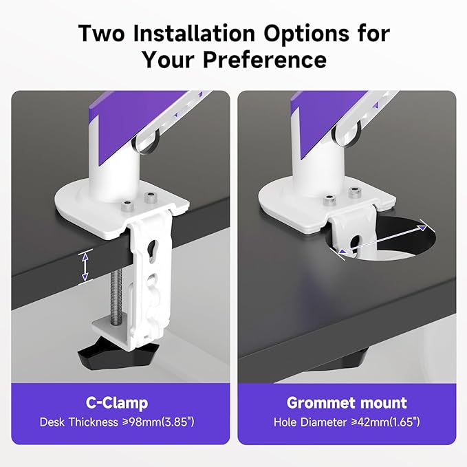 Suptek Monitor Mount Gas Spring Monitor Arm Desk Mount Fully Adjustable Fits 17 20 22 23 24 26 27 32 35 inch Monitors Weight Capacity up to 24.25 lbs (White+Purple, 17"-35")