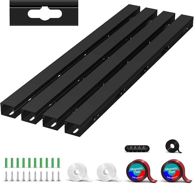 Cable Hider Raceway Kit, Magnetic Cable Management Under Desk with Upgraded Aesthetic Large Hole, Cord Organizer Kit for Hiding Computer, Gaming Desk, Network, Power Cord, TV - 4PCS 4x15.7in Black