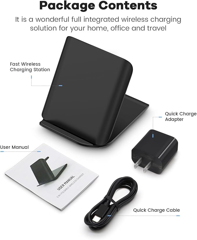 Samsung Galaxy Z Flip 7 Wireless Charger 15W Foldable Stand,Qi Fast Charging Station Travel Dock for z Flip 7 6 5 4 3 & Motorola Razr+,PD 20W Adapter Included,Black