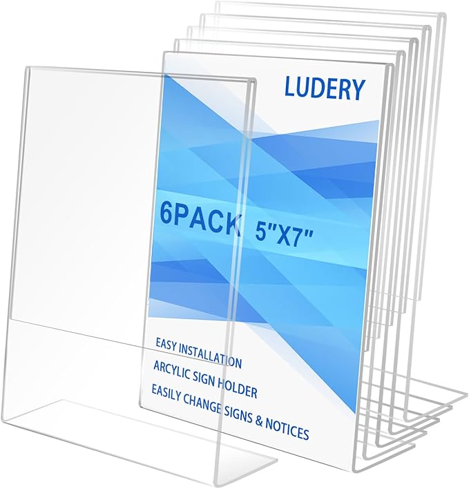 6 Pack Acrylic Sign Holder 5x7 for Picture Frames,Slanted Back Acrylic Sign Holders for Business & Store,Plastic Sign Holder,Menu Holder, Table Sign Holder for Office, Home, Store, Restaurant- Vertical