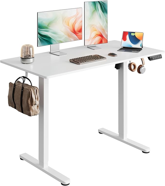DEVAISE 48 Inch Electric Standing Desk, 3 Adjustable Computer Desk for Home Office, Ergonomic Sit to Stand Desk with LED Touchscreen，Headphone Hook, 3 Memory Preset, with One-Piece Desktop, White