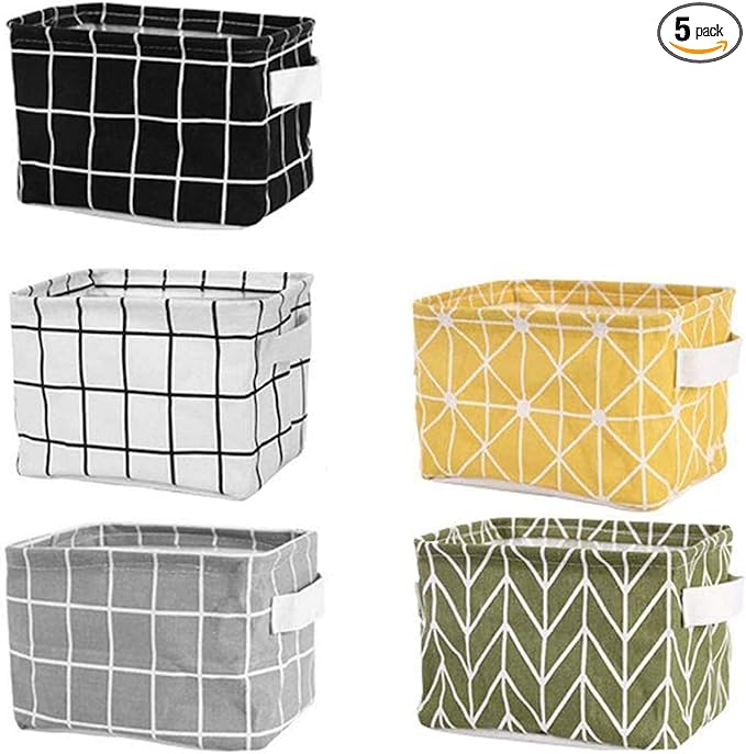 Tamicy Mini Storage Basket（Pack of 5）- Blend Storage Bins for Makeup, Book, Baby Toy,8x6x5.5 inch Home Decor Canvas Organizers Bag 8x6.3x5.1 inch