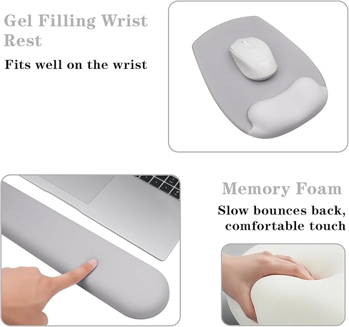 Wrist Rest for Keyboard and Mouse, Ergonomic Gel Computer Keyboard Wrist Rest with Memory Foam, Keyboard Wrist Support Pad for Long Hours of Work, Gaming, Studying-Relieve Wrist Pain (GD-Light Grey)
