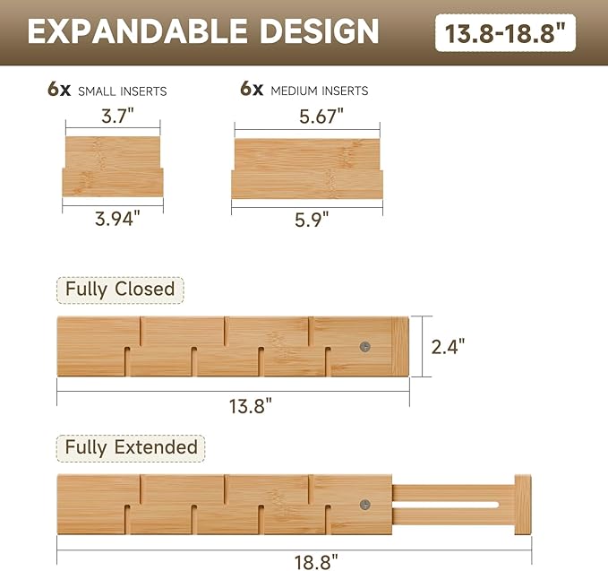 Bamboo Drawer Dividers, Expandable Kitchen Drawer Organizer, Include 6 Dividers, 6 Small Inserts and 6 Medium Inserts for Home, Office, Dressers