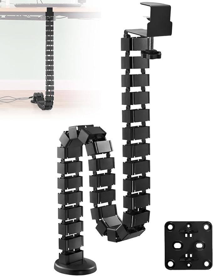 Desk Vertebrae Cable Management Kit, Adjustable Quad Entry Flexible Cord Organizer for Sit Stand Desk, No Drill Clamp-On Under Desk Modular Cable Control with Steel Base