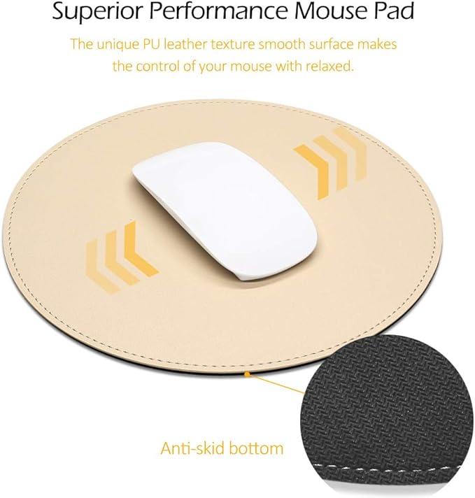 ProElife Cute Round Mouse Pad Mat Waterproof PU Leather 8.66-Inch Mousepad with Anti-Skid Base Stitched Edge for Home Office Gaming Computer Laptop Accessories (Apricot)