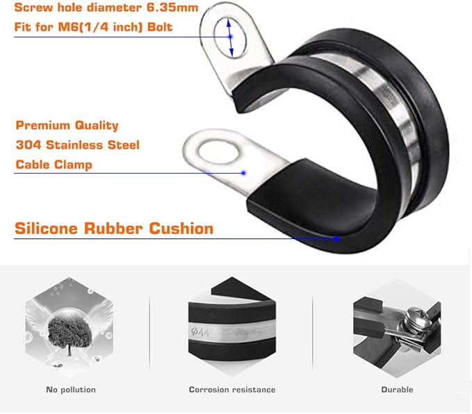 HOLYBEAR 3/8 Inch Stainless Steel Cable Clamp, Rubber Insulated Metal Conduit Wire Holder Strap Clips for Pipe, Tube, Hose Bracket (10mm, 20pcs)