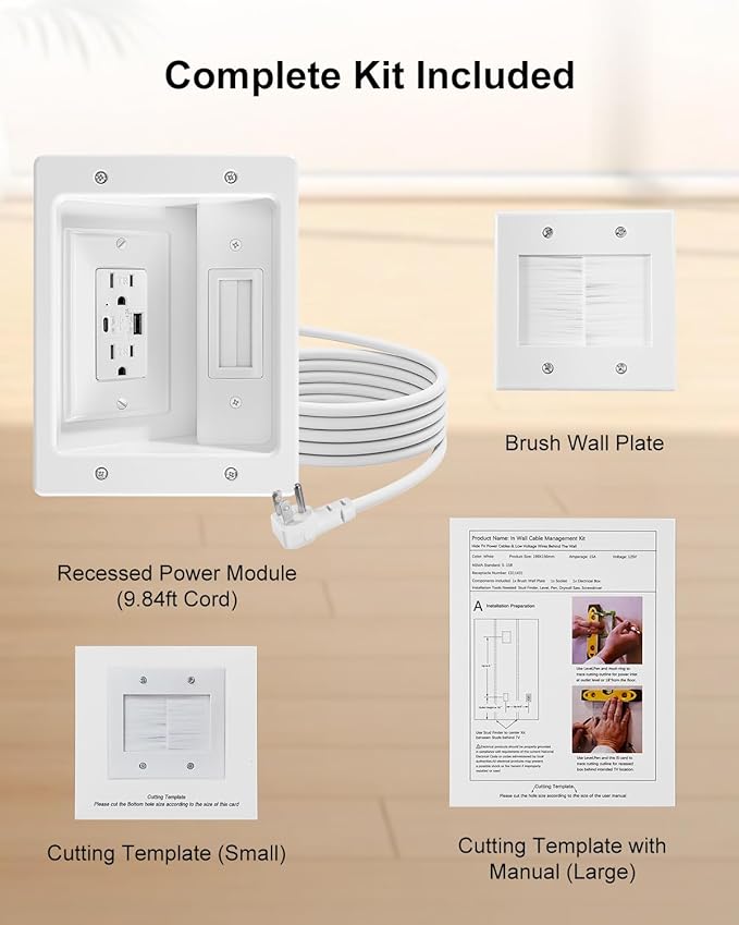 TV Cord Hider for Wall Mounted TV with Recessed Wall Outlet, in-Wall Cable Management Kit with 9.84ft Cord, DIY Installation Kit with Hardware (2AC + USB-A + USB C)