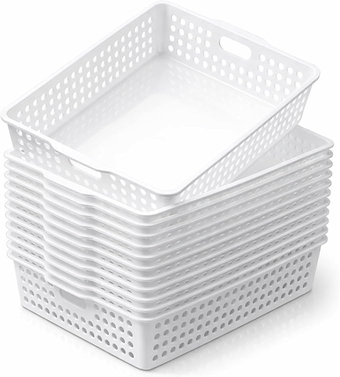 Geetery 12 Pack Classroom Storage Baskets with Handle 14''x10'' Paper Tray Holds A4 Turn in Trays Plastic Paper Baskets Desk Organizer Bin for Classroom, Library, Office, Home (White)