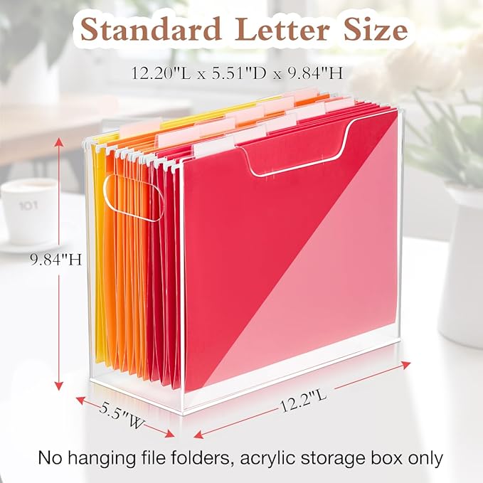 Jumyee Clear Acrylic File Folder Organizer with Handle – Portable Hanging File Box for Letter/A4, See-Through Desktop File Storage for Home Office School (No Folders Included)
